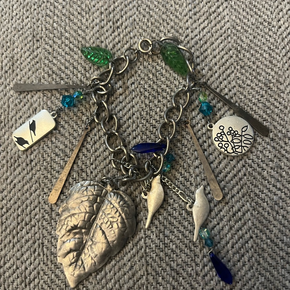 Handmade One of a Kind Charm Bracelet with Leaf & Bird & Lake Erie Beach Glass